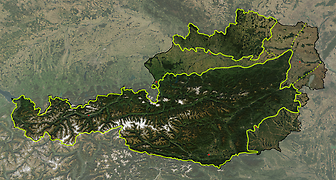 Satellitenbild von Österreich, mit den Großlandschaften: Österreichische Alpen, Vorländer und randalpine Becken, Granit- und Gneishochland