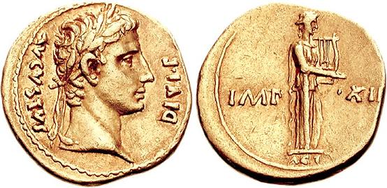 Aureus mit Augustus und Gott Apollo Citharoedus, 10. v. Chr.