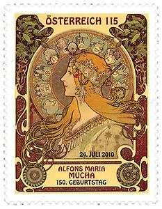 Briefmarke, 150. Geburtstag von Alfons Maria Mucha Briefmarke, 150. Geburtstag von Alfons Maria Mucha