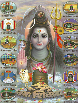 Shiva is shown as an ascetic surrounded by twelve pilgrimage sites that are dedicated to him. In front of him stands his stylized penis as symbol (lingam) and is praised by the Mantra Om namah shivaya that is written in Nagari Shiva is shown as an ascetic surrounded by twelve pilgrimage sites that are dedicated to him. In front of him stands his stylized penis as symbol (lingam) and is praised by the Mantra Om namah shivaya that is written in Nagari