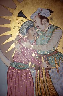 Akbar embraces his son and successor Jehangir. Akbar embraces his son and successor Jehangir.