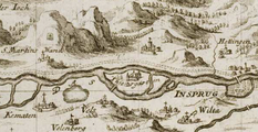 Kranebitten bis Stadt Innsbruck mit Tiergarteninsel (ca. 1700, Ausschnitt aus Insprug mit der Gegend auf 2 Stunden)